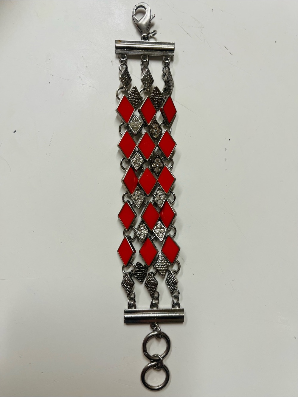 Source Unknown Red Enamel & Silver Rhombus Multi-Row Bracelet - Women Jewelry